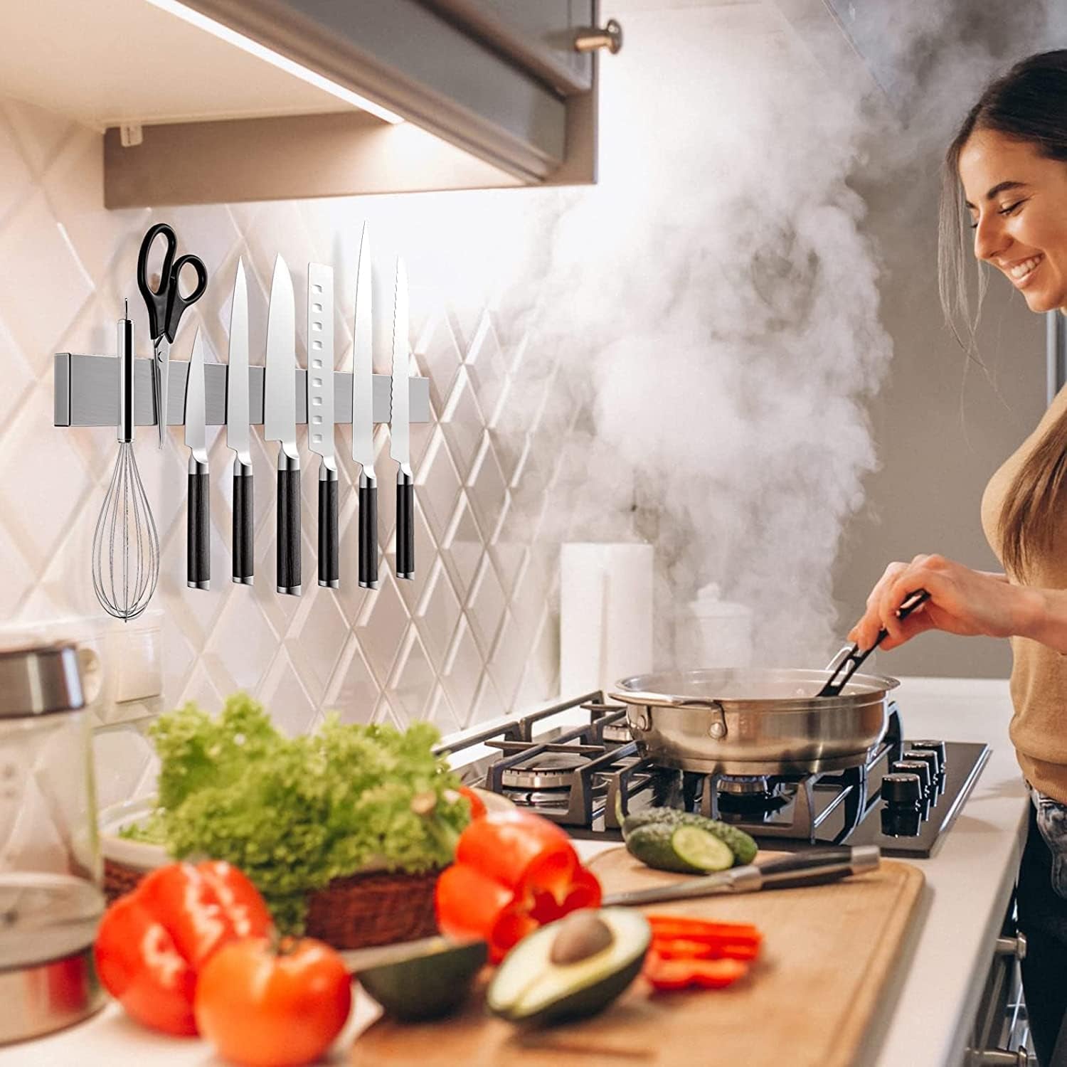 16 Inch Magnetic Knife Holder for Wall, Stainless Steel Adhesive Magnetic Knife Strips No Drilling Use as Mounted Kitchen Knife Storage Bar, Magnetic Tool Organizer, Kitchen Accessories