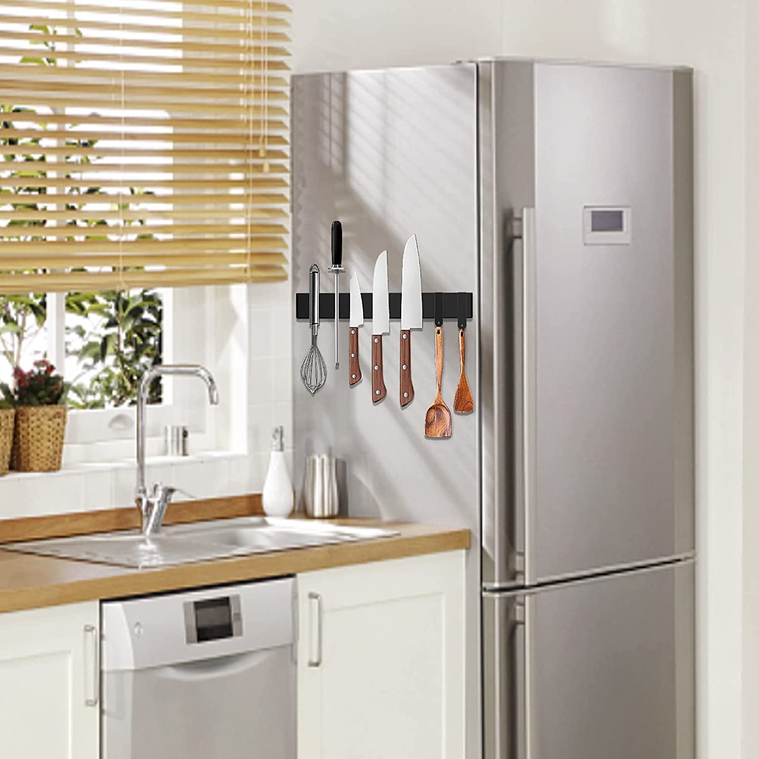 Black Magnetic Knife Strip for Refrigerator - Larger 17 Inch Double Sided Stainless Steel Magnetic Kitchen Knife Holder with Hooks for Wall/Fridge - Strong Knife Strip Magnet/Knife Rack/Knife Bar