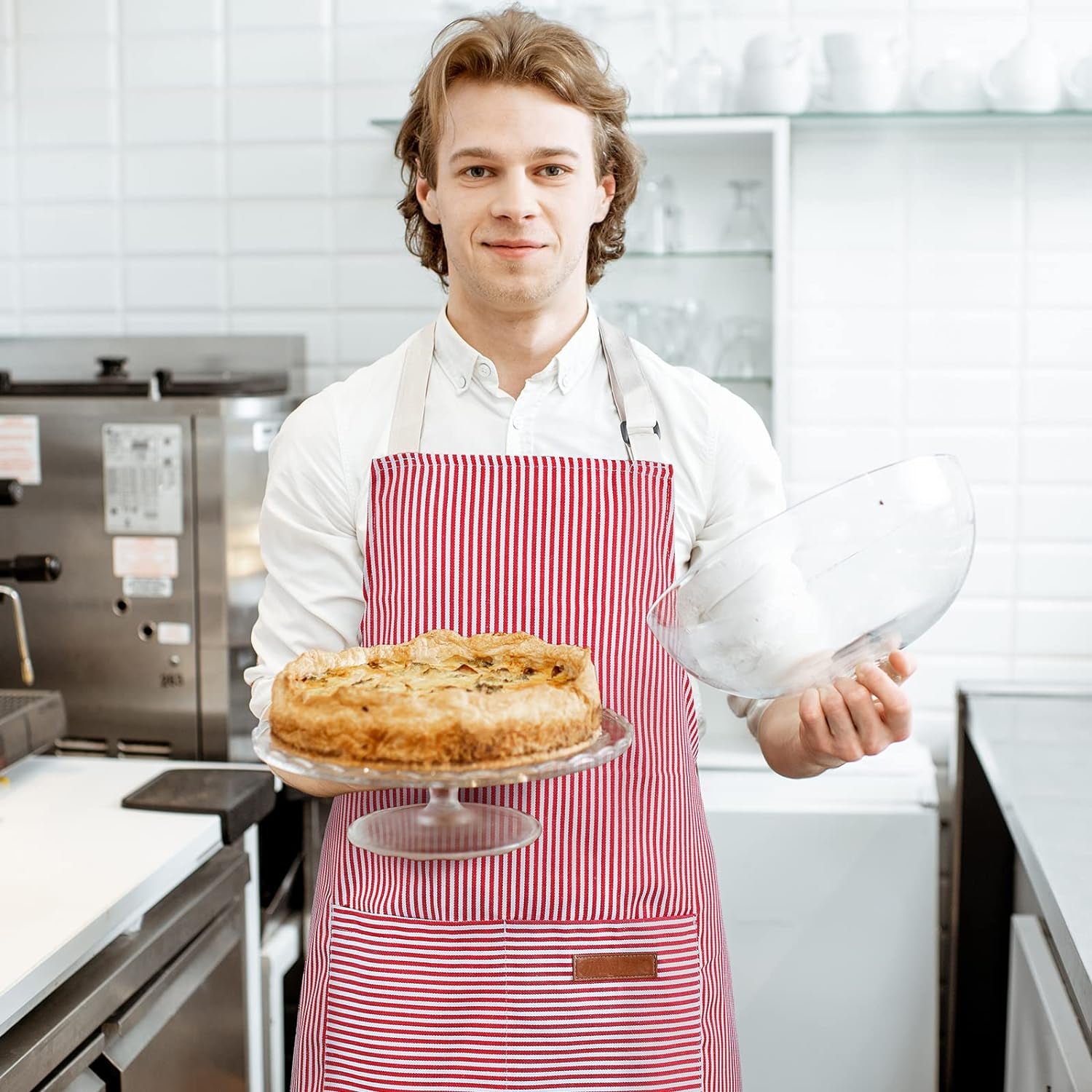 Cooking Apron with Pockets Waterproof Baking Apron Soft Chef Kitchen Aprons Cotton Polyester Blend Adjustable Bib Aprons for Women Men, Crafting BBQ, Black, Blue, Pink, Grey Stripes(4 Pcs)