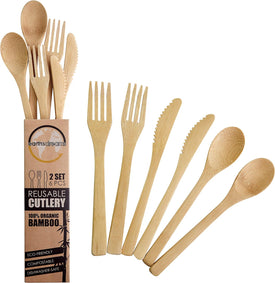 Bamboo Cutlery Set (6 Pieces with Case) - Reusable Cutlery Set - 2X Wooden Spoons, Forks, Knives Made of Compostable Bamboo - Travel Cutlery Set - Chic Flatware Set for Eating