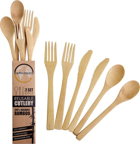Image of Bamboo Cutlery Set (6 Pieces with Case) - Reusable Cutlery Set - 2X Wooden Spoons, Forks, Knives Made of Compostable Bamboo - Travel Cutlery Set - Chic Flatware Set for Eating