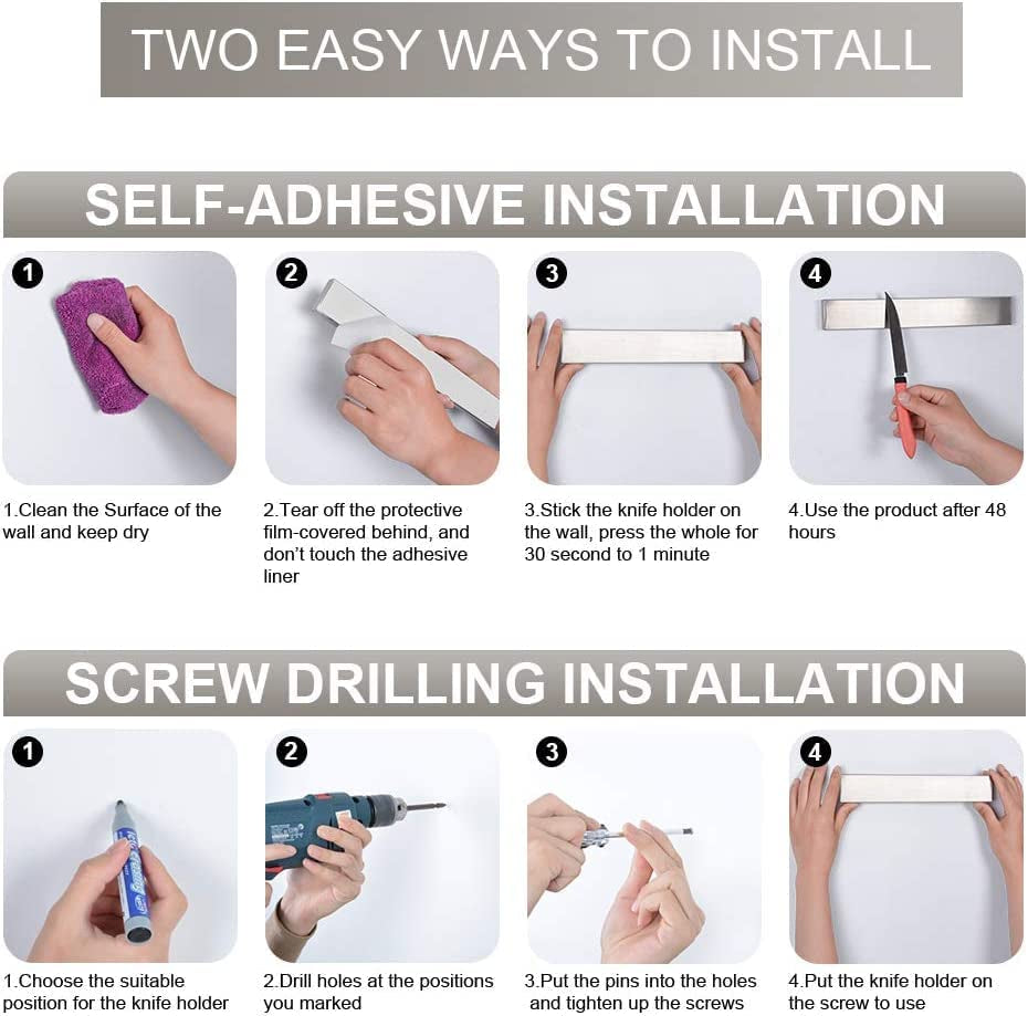 20 Inch Magnetic Knife Strip, Premium Stainless Steel Wall Mounted Kitchen Knives Bar,Space-Saving Powerful No Drilling Magnetic Knife Rack for Home Kitchen Utensil Holder & Tool Holder