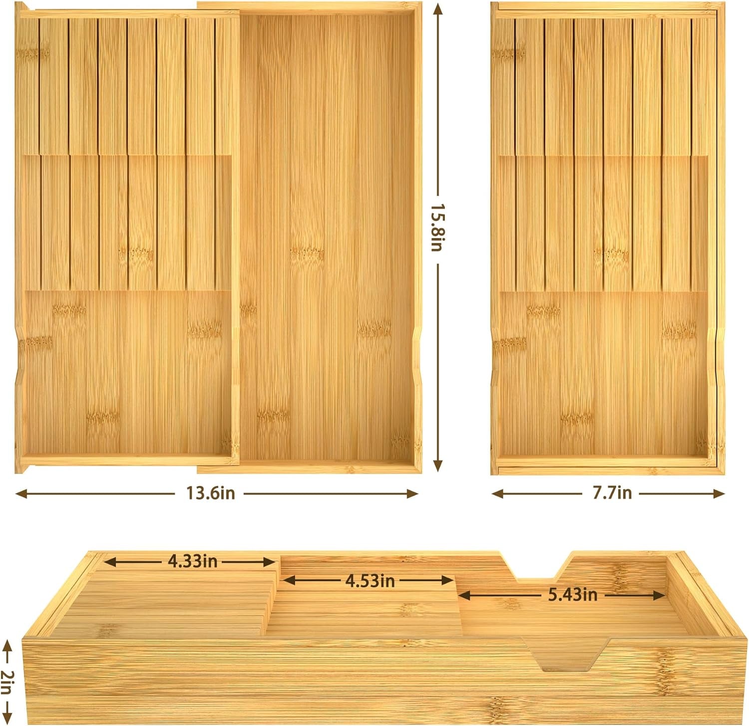 Bamboo Knife Organizer for Kitchen Drawer, Knife Block Holder Drawer Insert with Expandable Tray for Fork Spoon Scissor, Large Kitchen Knife Holder without Knives, Holds 7 Knives