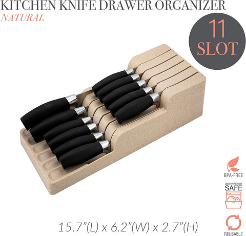 Image of 2 Tier Knife Drawer Organizer | Holds 11 Knives | Utensil Holder | Knife Block | Storage & Organization | Space Saver | Natural