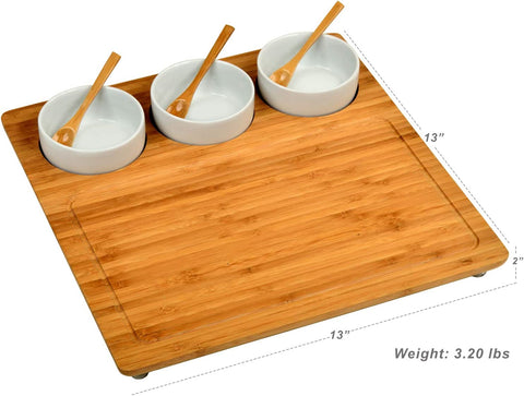 Image of Original Personalized Monogrammed Engraved Bamboo Cutting Board for Cheese & Charcuterie with 3 Ceramic Bowls & Bamboo Spoons- Designed & Quality Checked in the USA