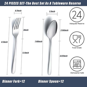 24 Pieces Spoons and Forks Set, Food Grade Stainless Steel Flatware Cutlery Set, Silverware Forks and Tablespoon for Home, Kitchen and Restaurant, Mirror Polished, Dishwasher Safe