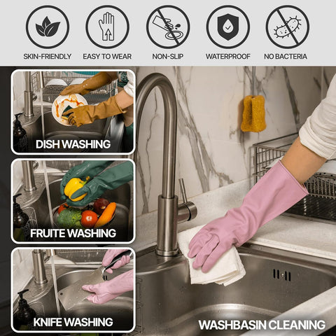 Image of 3 Pairs Colorful Reusable Waterproof Household Dishwashing Cleaning Rubber Gloves, Non-Slip Kitchen Glove