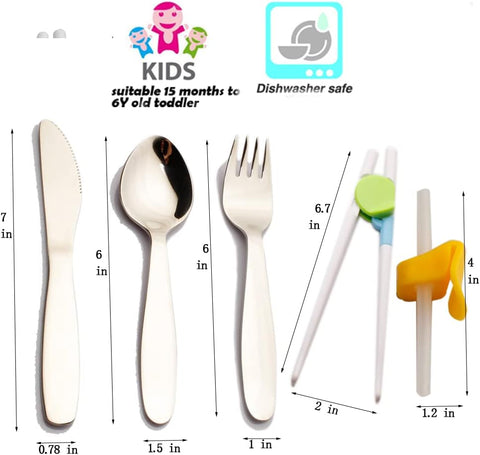 Image of Toddler Flatware Kid Fork and Spoon Set, Baby Spoons Self Feeding Baby with Straws Traing Chopsticks Children (Silver)