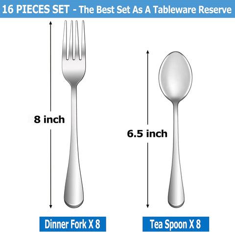 Image of 16 Pcs Forks and Spoons Silverware Set,Food Grade Stainless Steel Flatware Cutlery Set for Home,Kitchen and Restaurant,Mirror Polished,Dishwasher Safe - 8 Dinner Fork(8 Inch) and 8 Teaspoon(6.5 Inch)