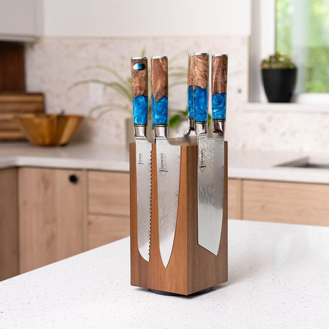 Image of SENKEN Rotating Magnetic Knife Block, Natural Acacia Hardwood - 360 Degrees Rotation - Ultra Strong Neodymium Magnets, Universal Knife Holder Storage for Kitchen Counter (Rotating Magnetic Block)