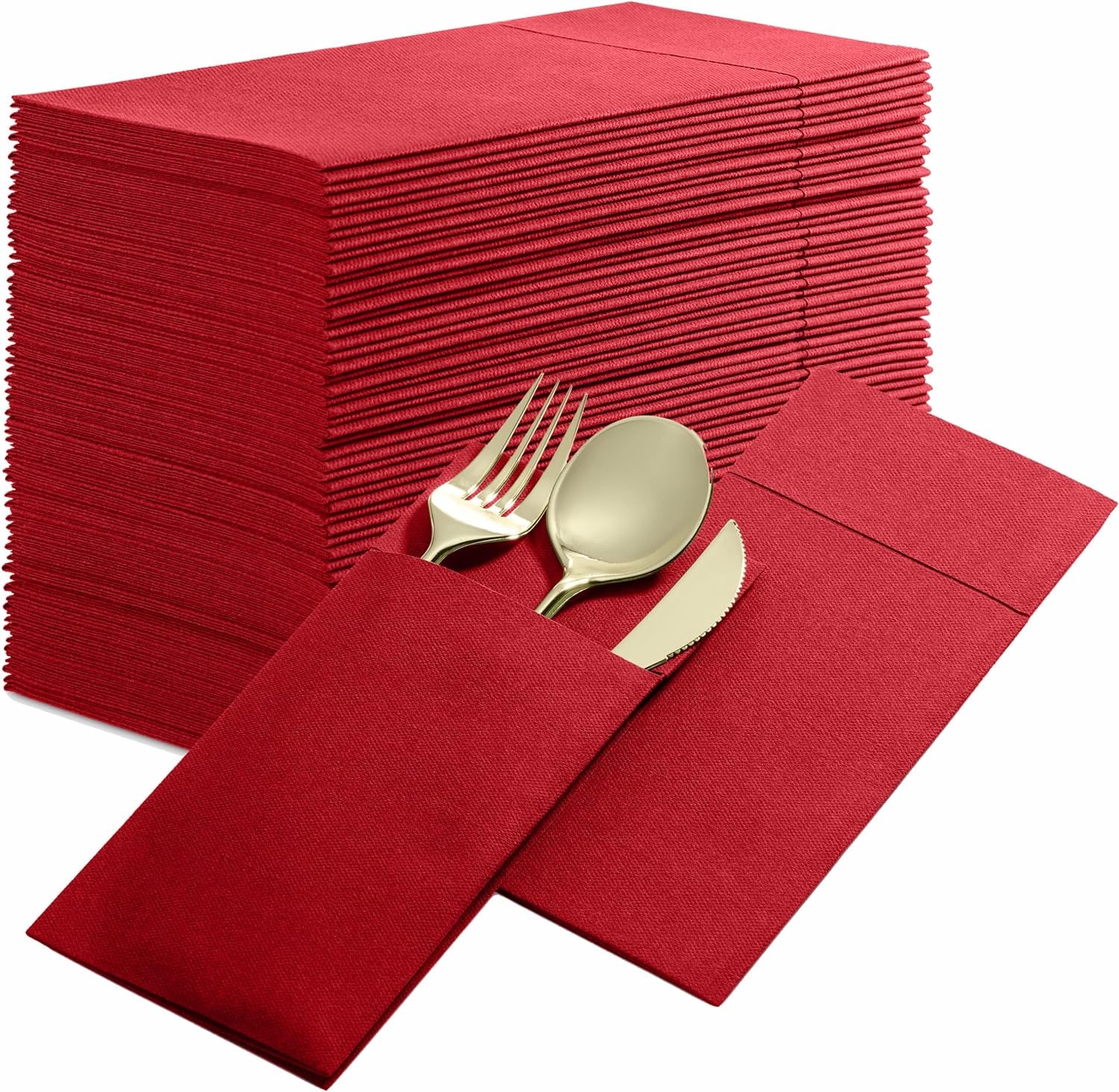 Disposable Linen-Feel Dinner Napkins with Built-In Flatware Pocket, 50-Pack BRIGHT RED Prefolded Cloth like Paper Napkins for Dinner, Wedding or Party [Silverware NOT Included]