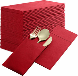 Disposable Linen-Feel Dinner Napkins with Built-In Flatware Pocket, 50-Pack BRIGHT RED Prefolded Cloth like Paper Napkins for Dinner, Wedding or Party [Silverware NOT Included]