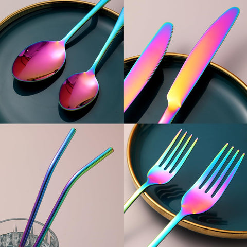 Image of 84 Pieces Mirror Rainbow Silverware Service for 12 Flatware Set Stainless Steel Utensils Cutlery Set Dishwasher Safe