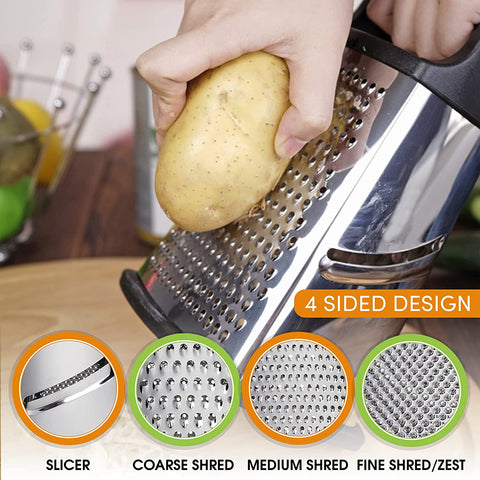 Image of Professional Cheese Grater - Stainless Steel, XL Size, 4 Sides - Perfect Box Grater for Parmesan Cheese, Vegetables, Ginger - Dishwasher Safe - Black