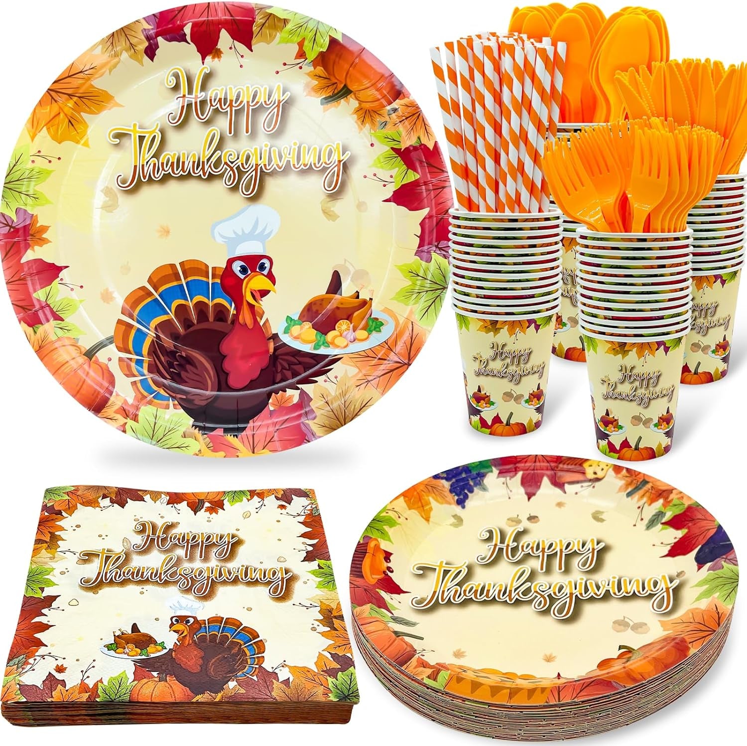 240Pcs Thanksgiving Party Supplies Disposable Dinnerware Set Include Paper Plates Dessert Plates Napkins Forks Knives Spoon Cups Straws Turkey Themed Thanksgiving Dinner Decorations,Serves 30