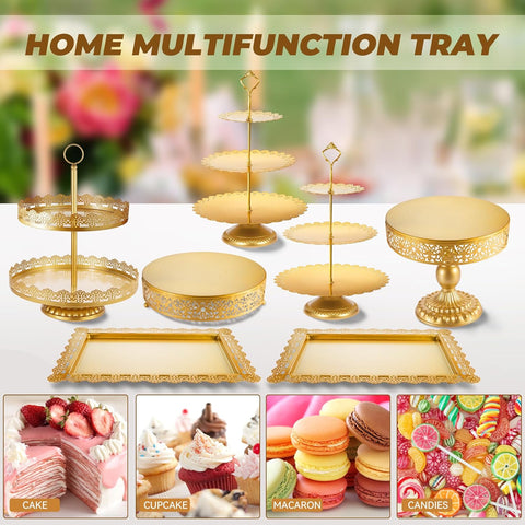 Image of Gold Cake Stand, Metal Dessert Table Display Set Tiered Cupcake Holder Fruit Candy Donut Plate Serving Tower Tray Platter with Tong, Cake Knife and Server Set for Wedding, Birthday Party Decor 11PCS