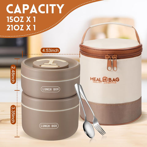 Image of 2 Pcs Insulated Lunch Containers Thermal Bento Box with Bag Fork Knife Microwavable Stainless Steel Lunch Box 15.2 Oz 22 Oz Separate Stackable Thermal Food Jar for Adult Kids Men Women(Khaki)