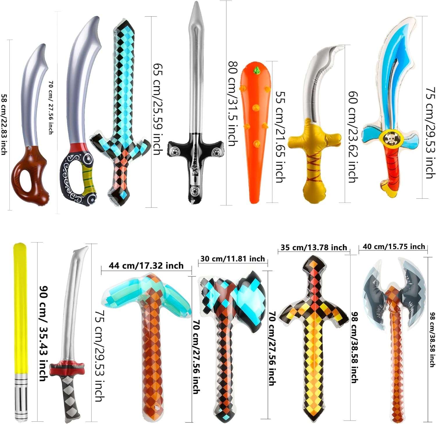 18 Pcs Inflatable Pixel Swords Blow up Lightsabers Axe Knife Pickaxe Hatchets Pirate Swords Set for Kids Halloween Cosplay Birthday Pool Beach Party Supplies
