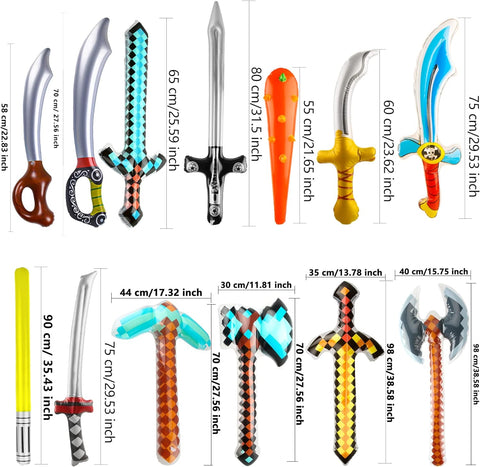 Image of 18 Pcs Inflatable Pixel Swords Blow up Lightsabers Axe Knife Pickaxe Hatchets Pirate Swords Set for Kids Halloween Cosplay Birthday Pool Beach Party Supplies