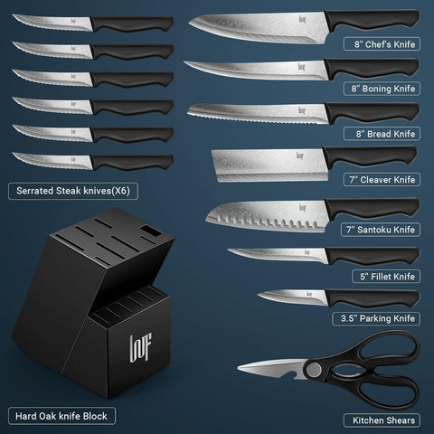 Knife Sets,14 Pieces German Stainless Steel Kitchen Knife Block Sets with Built-In Sharpener, Dishwasher Safe