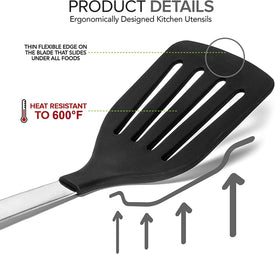 Spatula Heat Resistant Silicone and Stainless Steel - Slotted Turner Spatula Rubber Grip - Flexible Silicone Spatula Turner for Cooking and Non Stick Cookware - Versatile Kitchen Spatula