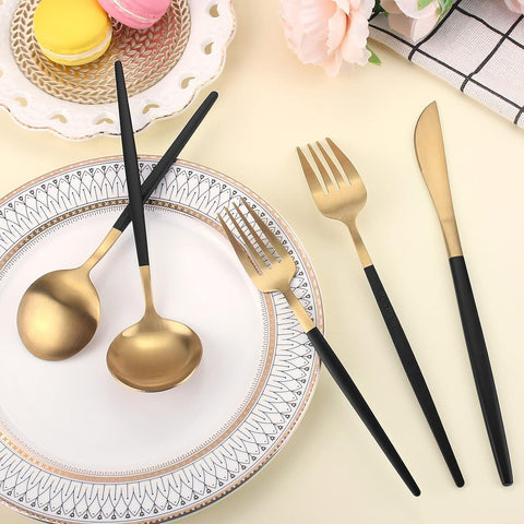 Image of Matte Gold Silverware Set with Black Handle,  Stainless Steel Flatware Cutlery Set Service for 4, 20-Piece Kitchen Utensil Set Include Spoons and Forks Set, Dishwasher Safe.