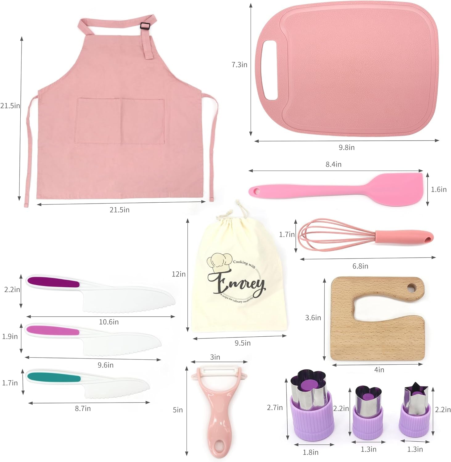 13 Pieces Montessori Kids Cooking and Baking Set - Kids Knife Set for Real Cooking, Durable Kids Cutting Board, Knife Set, Silicone Spatula, Whisk, Cookie Cutters, Kids Apron, Toddler Kitchen