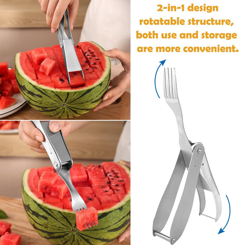 Image of Watermelon Slicer Cutter, 2 in 1 Watermelon Fork Slicer Cutter Melon Slicer, Portable Stainless Steel Watermelon Cutter Slicer Tool Fruit Forks Slicer for Home Party Camping Kitchen Gadget