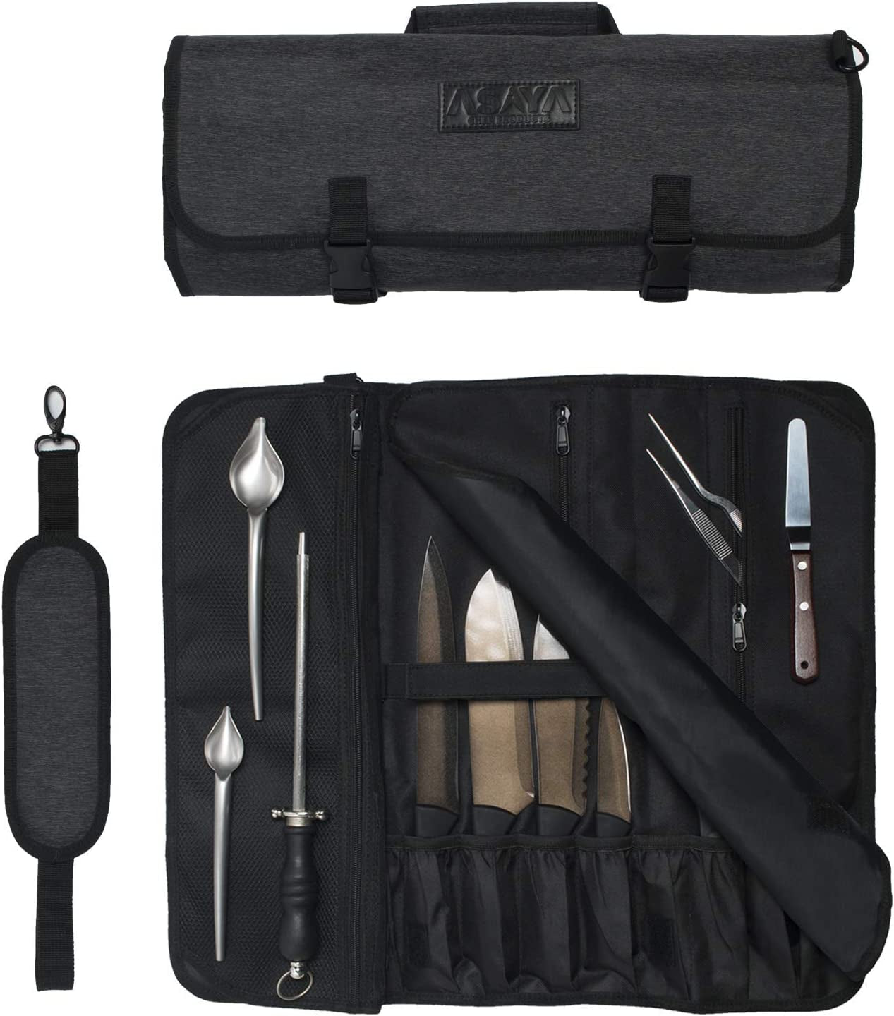 Chef Knife Roll Bag - 20 Total Pockets for Knives and Kitchen Utensils - Made with Stain Resistant Waxed Nylon - for Chefs and Culinary Students - Knives Not Included(Black)