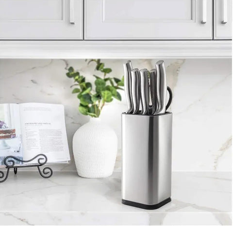Image of Universal Knife Block Holder, Stainless Steel Organizer with Scissor Slots, Space-Saving Countertop Storage Stand for Any Knife up to 8.10 Inches, (Knives Not in Included) (Silver)