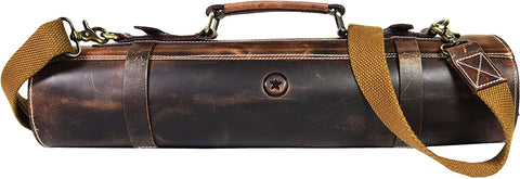 Image of Leather Knife Roll Storage Bag, Elastic and Expandable 10 Pockets, Adjustable/Detachable Shoulder Strap, Travel-Friendly Chef Knife Case (Dark Brown, Leather)