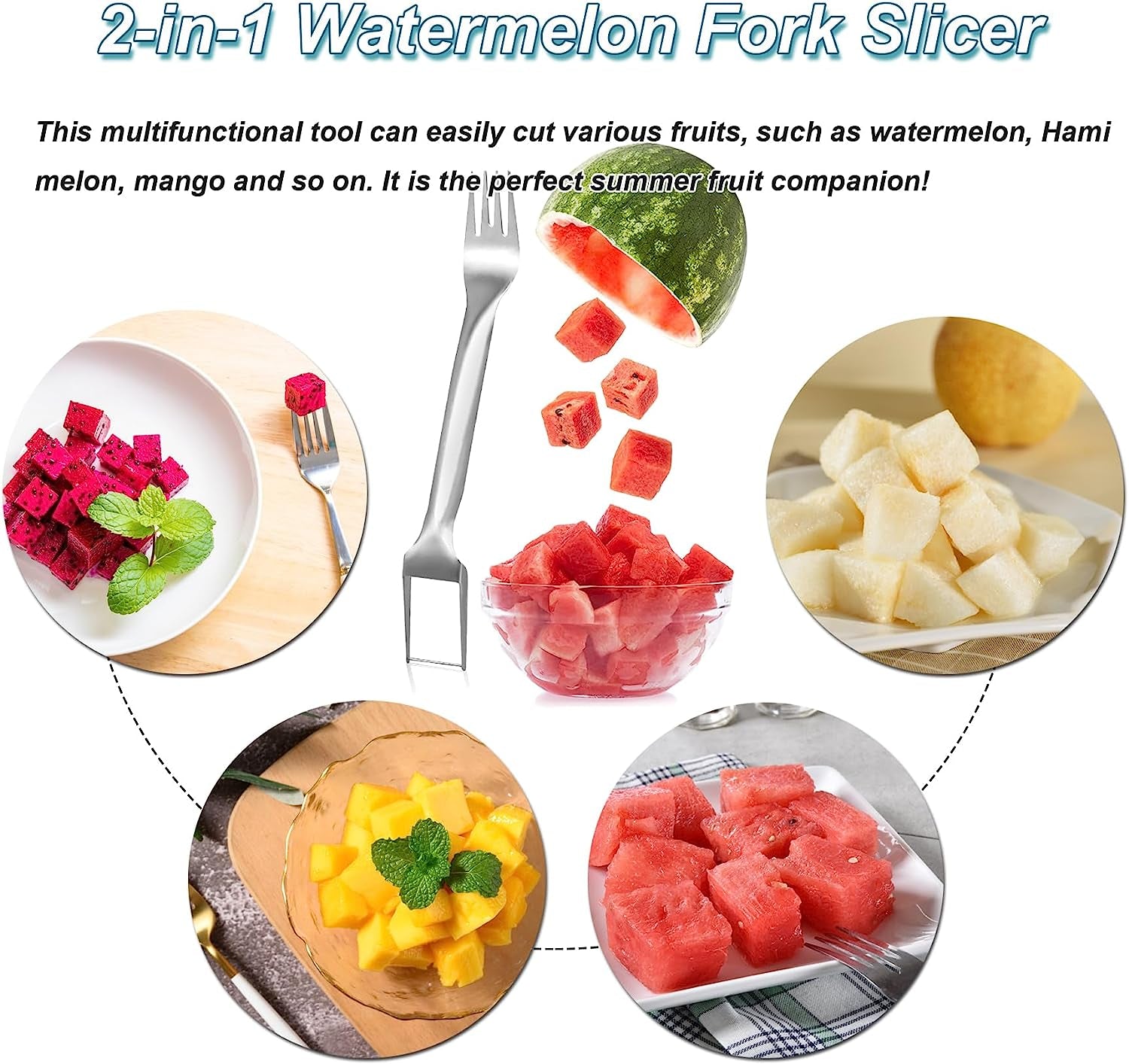 Watermelon Fork Slicer Cutter, Watermelon Cutter Slicer Tool, Portable Dual Head Stainless Steel Fruit Forks Slicer Tool Kitchen Gadgets for Family Party(2Pcs)