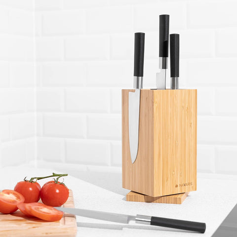 Image of Bamboo Kitchen Knife Block - Magnetic Rotating Bristle Knife Holder - Universal Knife Block Storage Stand with Bristles - 9.8" X 4.9" X 4.9"