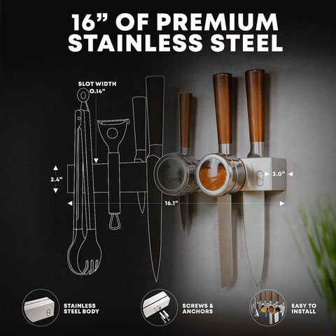 Image of Premium 16 Inch Magnetic Knife Holder for Refrigerator with Double Storage - Stainless Steel Double Sided Magnetic Kitchen Knife Holder for Fridge - Knife Magnetic Strip, Knife Organizer, Magnet Bar