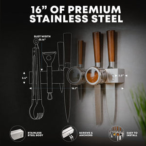 Premium 16 Inch Magnetic Knife Holder for Refrigerator with Double Storage - Stainless Steel Double Sided Magnetic Kitchen Knife Holder for Fridge - Knife Magnetic Strip, Knife Organizer, Magnet Bar