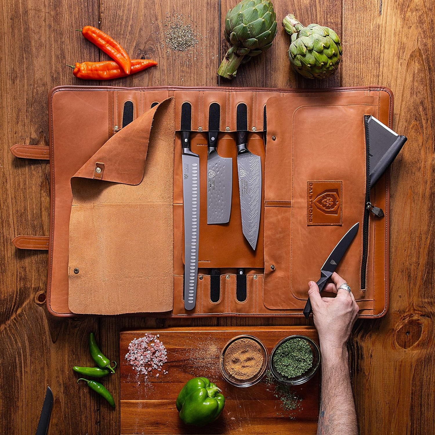 - Large Chef Knife Roll Bag - Brazilian Leather - California Brown - Vagabond Series - 16 Slots - Interior and Rear Zippered Pockets - Blade Travel Storage/Case