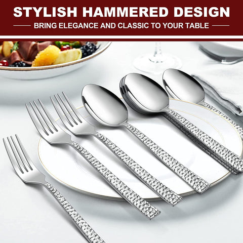 Image of 24-Piece Hammered Forks and Spoons Silverware Set,  Stainless Steel Square 12 Dinner Forks and 12 Dinner Spoons, Modern Metal Flatware Cutlery for Kitchen and Restaurant, Dishwasher Safe-7.9 Inch