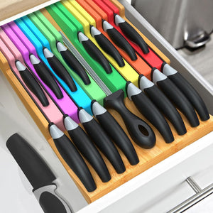 In-Drawer Knife Block Set without Knives, Kitchen Colorful Drawer Steak Knife Holder Organizer, Detachable Cutlery Storage Rack for 16 Knives and 1 Sharpening Steel