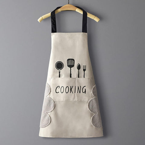 Image of Women Kitchen Apron with Hand Wipe Pockets，Big Pocket,Hand-Wiping, Waterproof for Cooking Baking