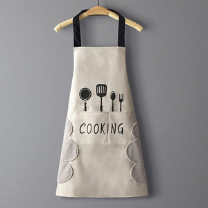 Women Kitchen Apron with Hand Wipe Pockets，Big Pocket,Hand-Wiping, Waterproof for Cooking Baking