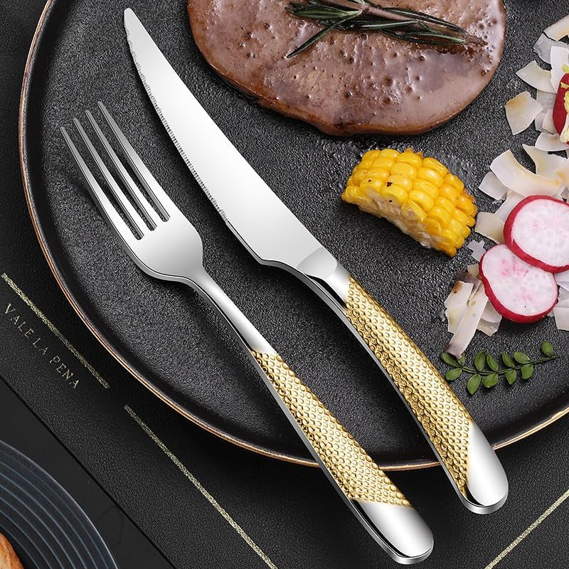 Golden Michelangelo Silverware Set for 6, Elegant 18/10 Stainless Steel Flatware Set, Heavy Cutlery Sets for 6 People, Dishwasher Safe Luxury (24Pcs, Golden) Christmas