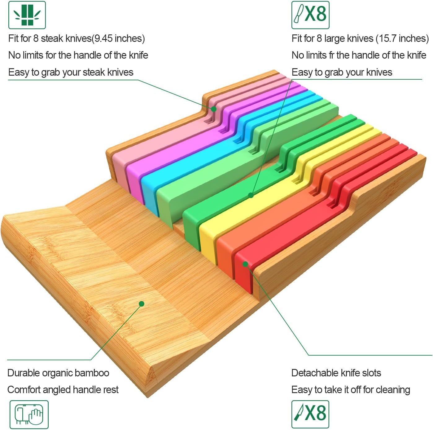 In-Drawer Knife Block Set without Knives, Kitchen Colorful Drawer Steak Knife Holder Organizer, Detachable Cutlery Storage Rack for 16 Knives and 1 Sharpening Steel