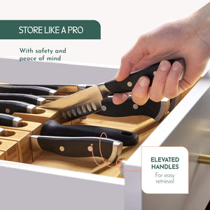 High-Grade 100% Bamboo Knife Drawer Organizer - 16 Knife Slots plus a Sharpener Slot, Knife Organizer for Kitchen Organization, Durable, Secured, Practical, Eco-Friendly, Knife Block without Knives.