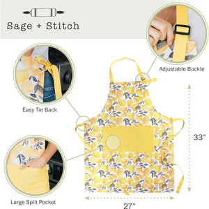 Adjustable Designer Kitchen Apron for Adults | 100% Machine Washable Cotton Cooking Apron with Pockets and Adjustable Neck Buckle | 27" Wide X 33" Long | Yellow Lemons