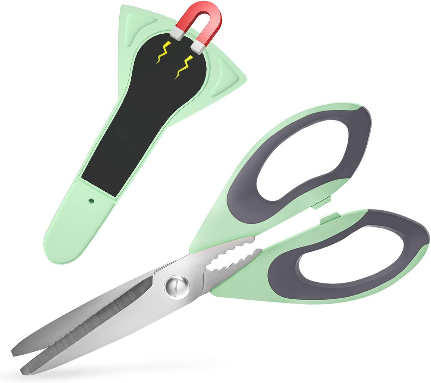 Ultra Sharp Kitchen Scissors with Magnetic Holder, Heavy Duty Kitchen Shears Meat Scissors, Multifunctional Stainless Steel Cooking Poultry Scissors for Household School Picnic(Green)
