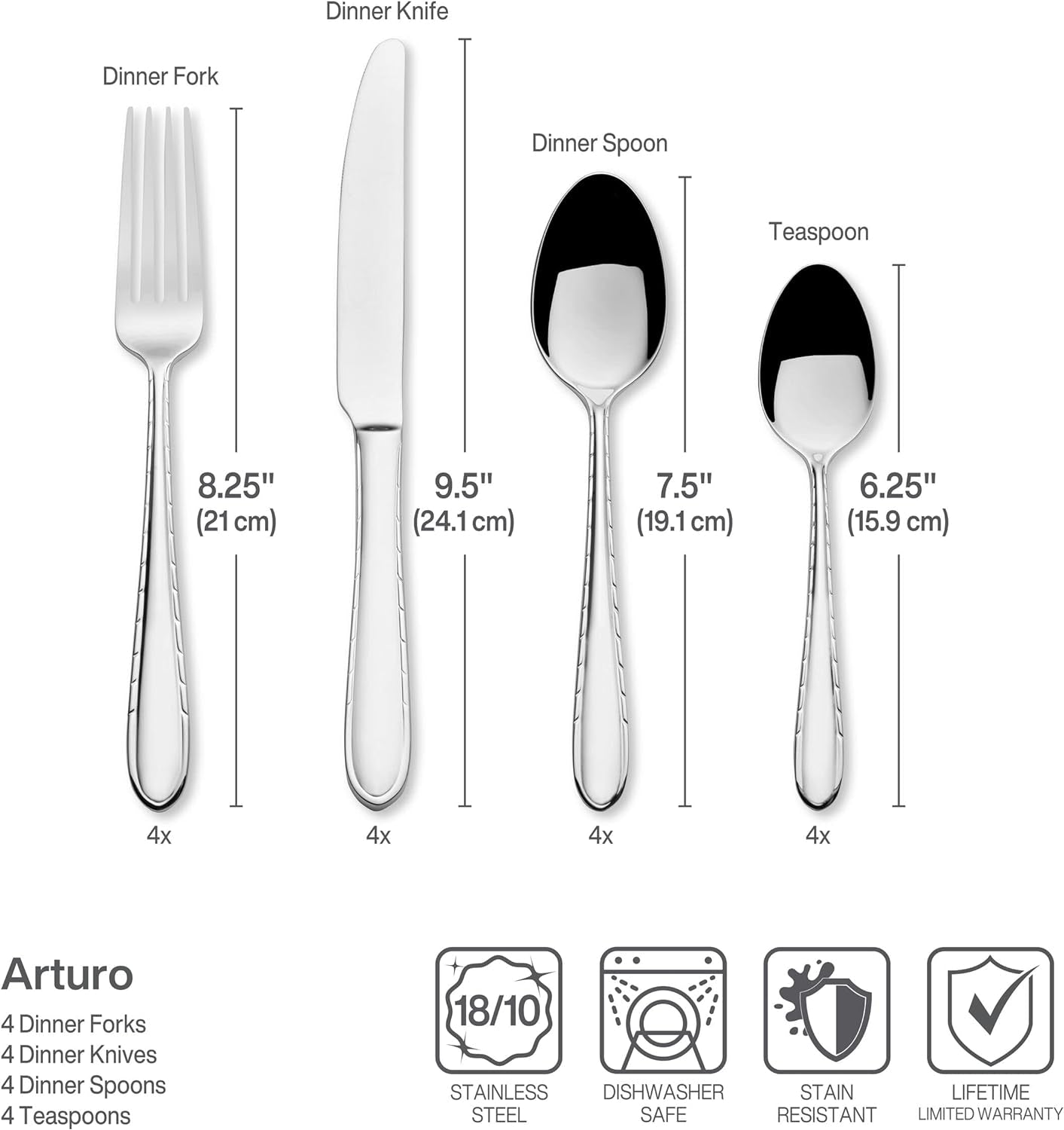 Arturo 18/10 16 Piece Stainless Steel Flatware Set, Service for 4