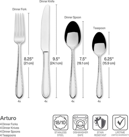Image of Arturo 18/10 16 Piece Stainless Steel Flatware Set, Service for 4