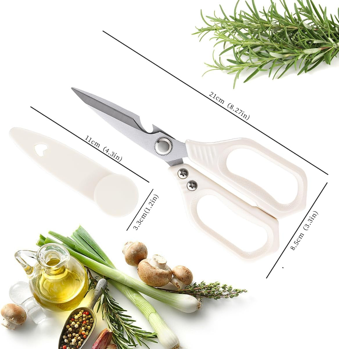 Kitchen Scissors,  All Purpose Kitchen Shears with Protective Sheath, Heavy Duty Stainless Steel Cooking Shears for Chicken/Herb/Poultry/Fish/Meat (Dishwasher Safe, One Size, White)