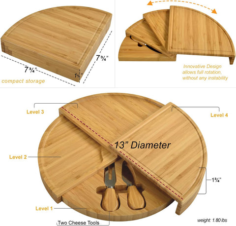 Image of Patented Bamboo Cheese Board/Charcuterie Serving Platter - Stores as a Compact Wedge- Opens to 13" Diameter - Designed & Quality Checked in USA