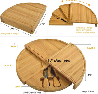 Patented Bamboo Cheese Board/Charcuterie Serving Platter - Stores as a Compact Wedge- Opens to 13" Diameter - Designed & Quality Checked in USA